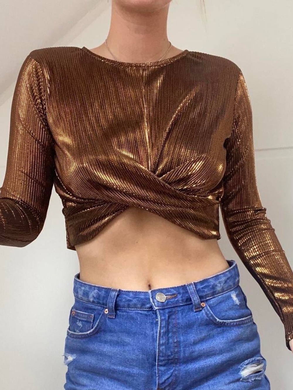 Topshop Metallic Bronze Twist-Front Long Sleeve Crop Top Copper Y2K Club Rave